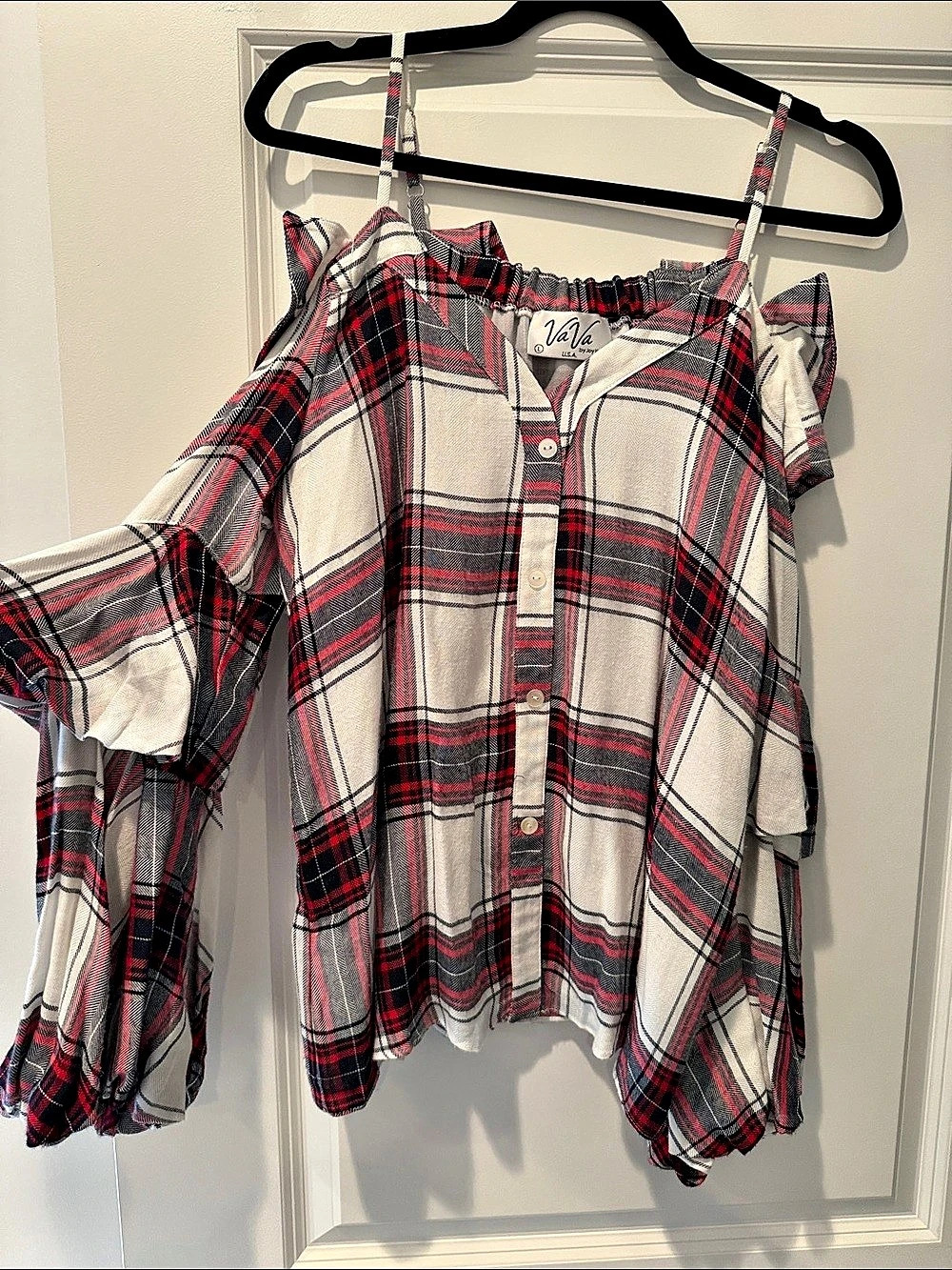 Vava by Joy Han Plaid Cold Shoulder Blouse in Red & White Size Large